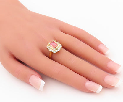 925 Sterling Silver Vintage Ring Gold Plated Red Beaded White CZ  Sz 7  RG30165