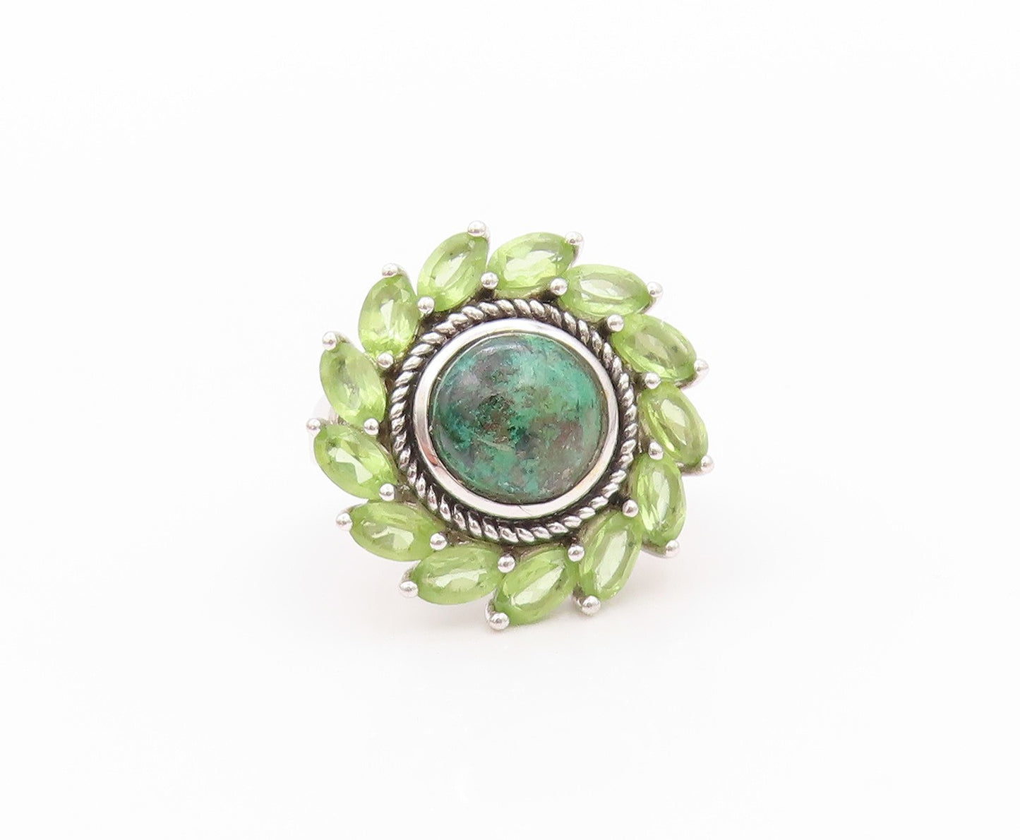 925 Sterling Silver Vintage Ring Eilat Halo Peridot Roped Flower Sz 5.5  RG32349