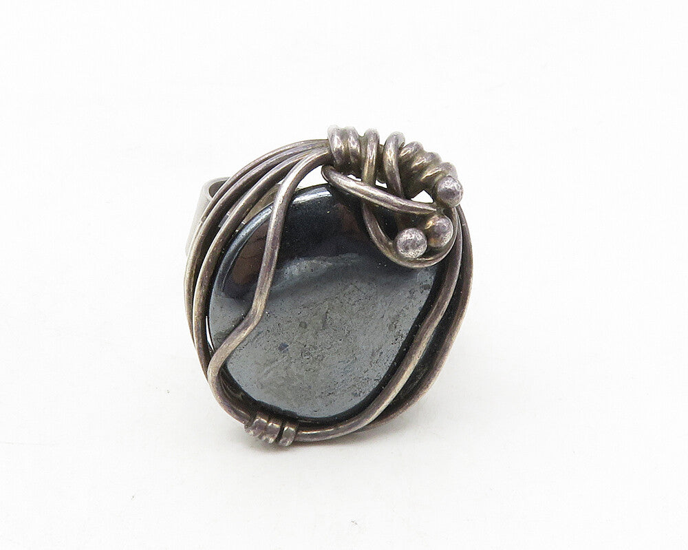 DESIGNER 925 Silver  Vintage Hematite Wire Wrap Cocktail Ring Sz 7.5  RG9896