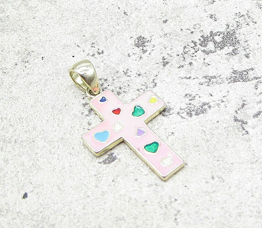 Gold Over 925 Sterling Silver Love Hearts Enamel Cross Drop Pendant PT1202