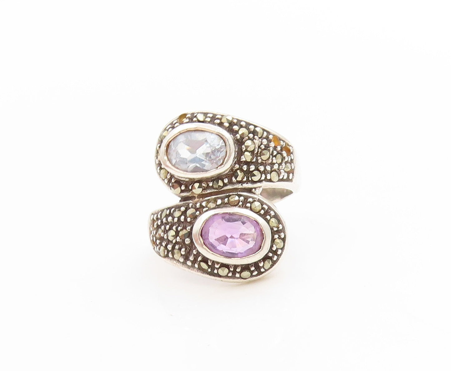 925 Sterling Silver Vintage Ring Amethyst & Blue Topaz Band  Sz 5.5  RG34120