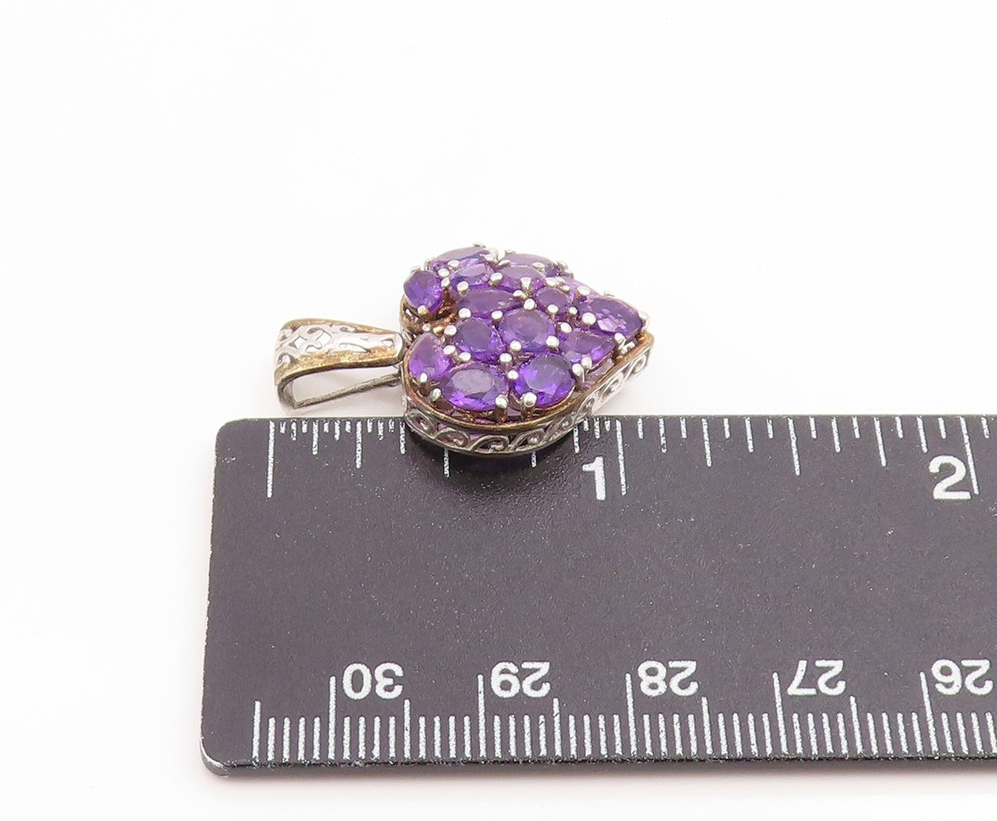925 Sterling Silver Vintage Pendant Amethyst Elegant Love Heart Cluster  PT26101
