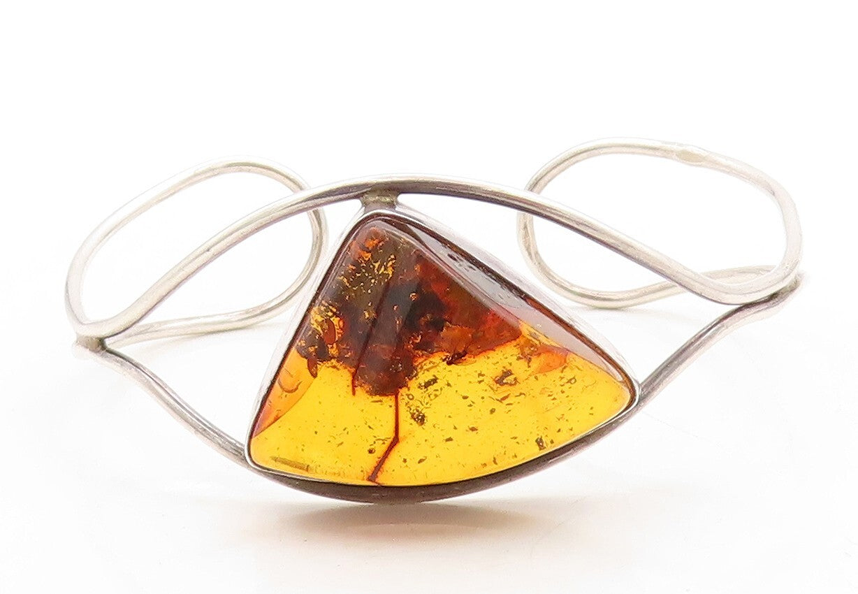 925 Sterling Silver Vintage Bracelet Designer Cutout Honey Amber Cuff  BT10943