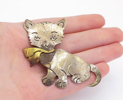 MEXICO 925 Sterling Silver  Vintage Two Tone Kitten Motif Brooch Pin  BP1901