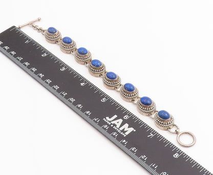 925 Sterling Silver Vintage Bracelet Cabochon Lapis Lazuli Beaded Chain  BT11437