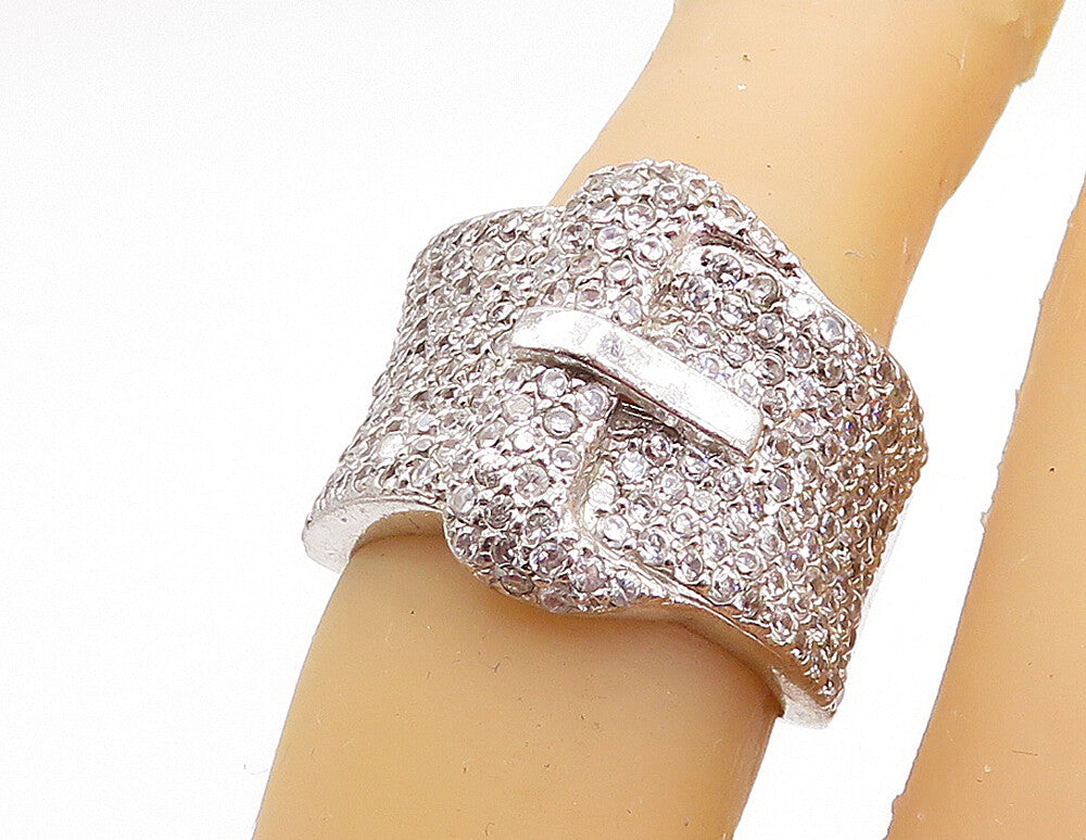 925 Sterling Silver  Cubic Zirconia Belt Buckle Motif Band Ring Sz 6  RG3634
