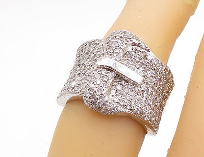 925 Sterling Silver  Cubic Zirconia Belt Buckle Motif Band Ring Sz 6  RG3634