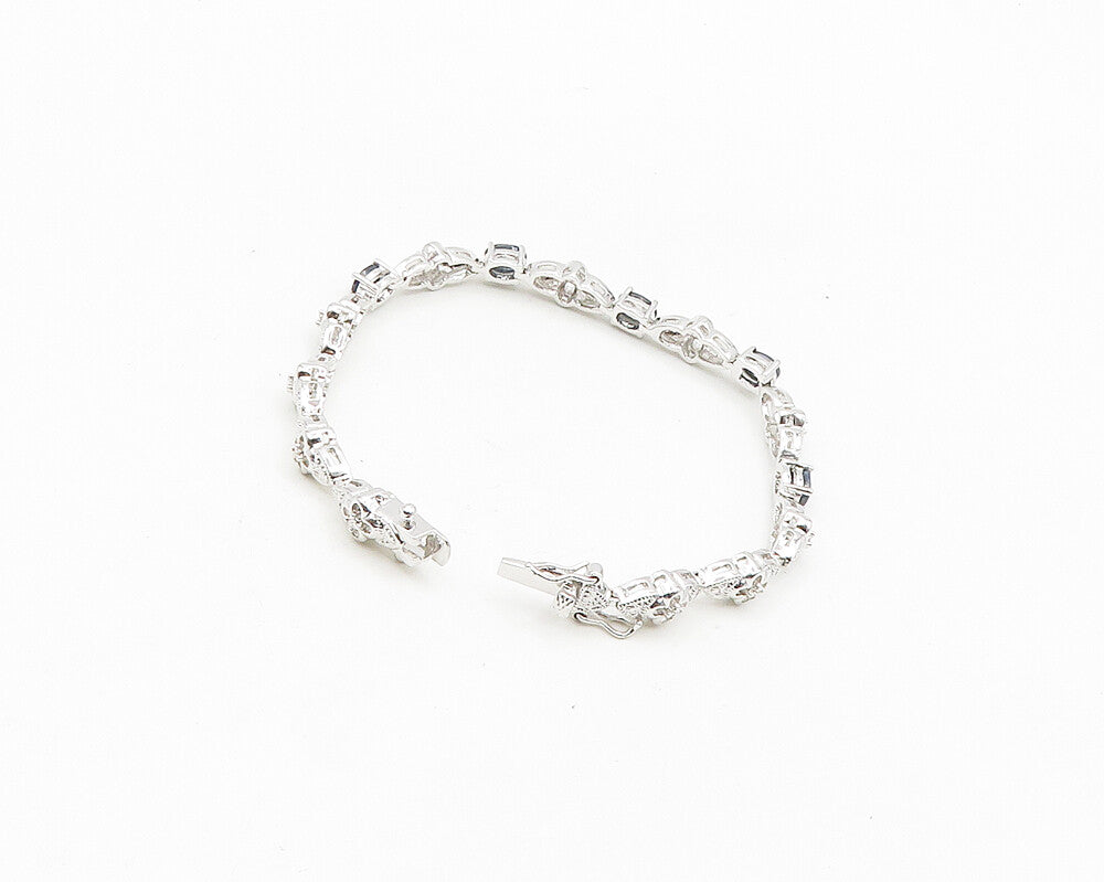 925 Sterling Silver  Genuine Diamond & Sapphire Floral Chain Bracelet  BT7260