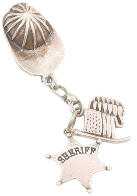 925 Sterling Silver Vintage Pendant Sheriff Badge Hat & US Flag Dangle   PT25178