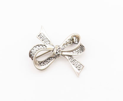 DANECRAFT 925 Silver  Vintage Openwork Waves Ribbon Bow Tie Brooch Pin BP9928