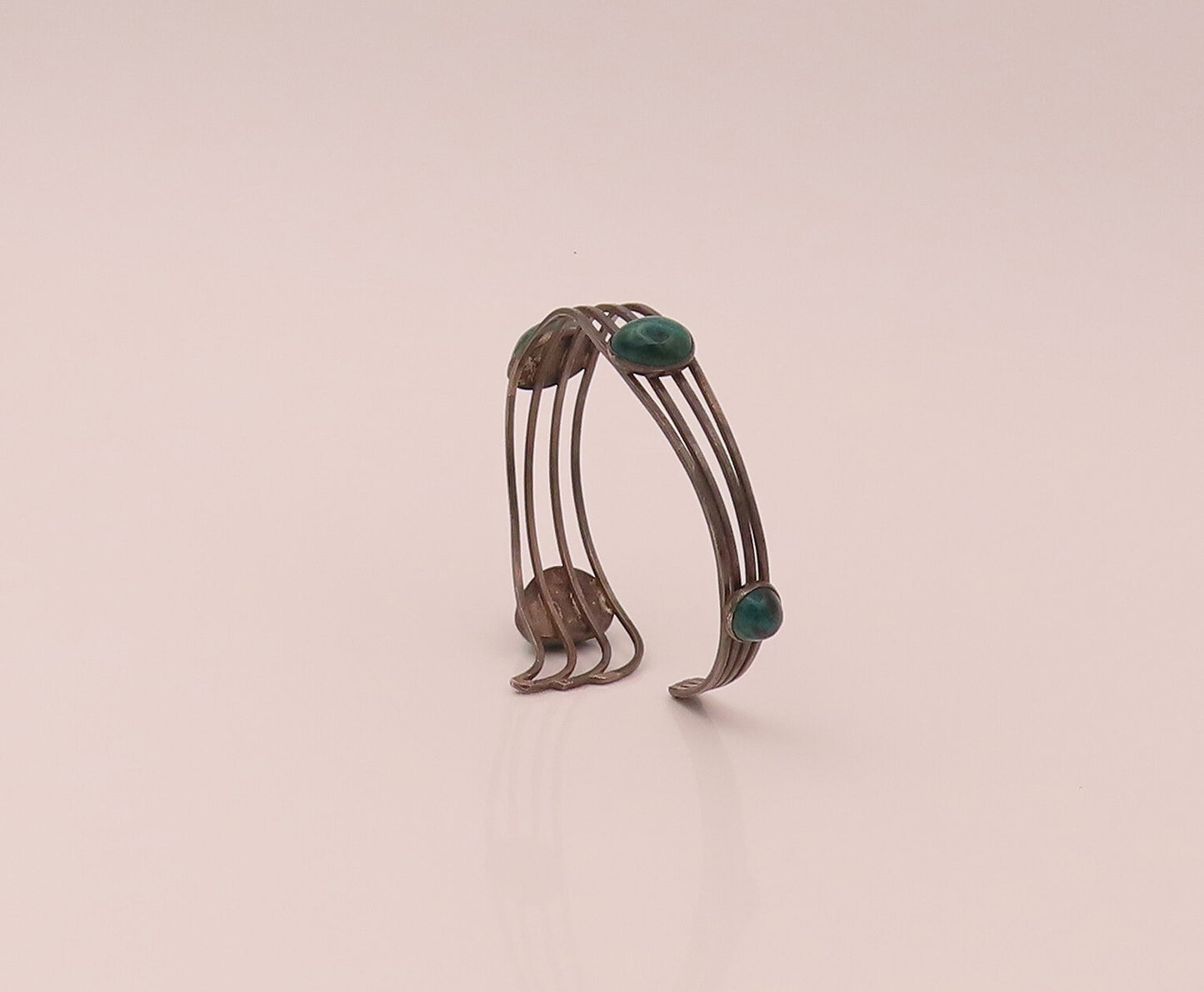 ISRAEL 925 Sterling Silver Vintage Modernist Malachite Cuff Bracelet  BT9848
