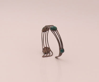 ISRAEL 925 Sterling Silver Vintage Modernist Malachite Cuff Bracelet  BT9848