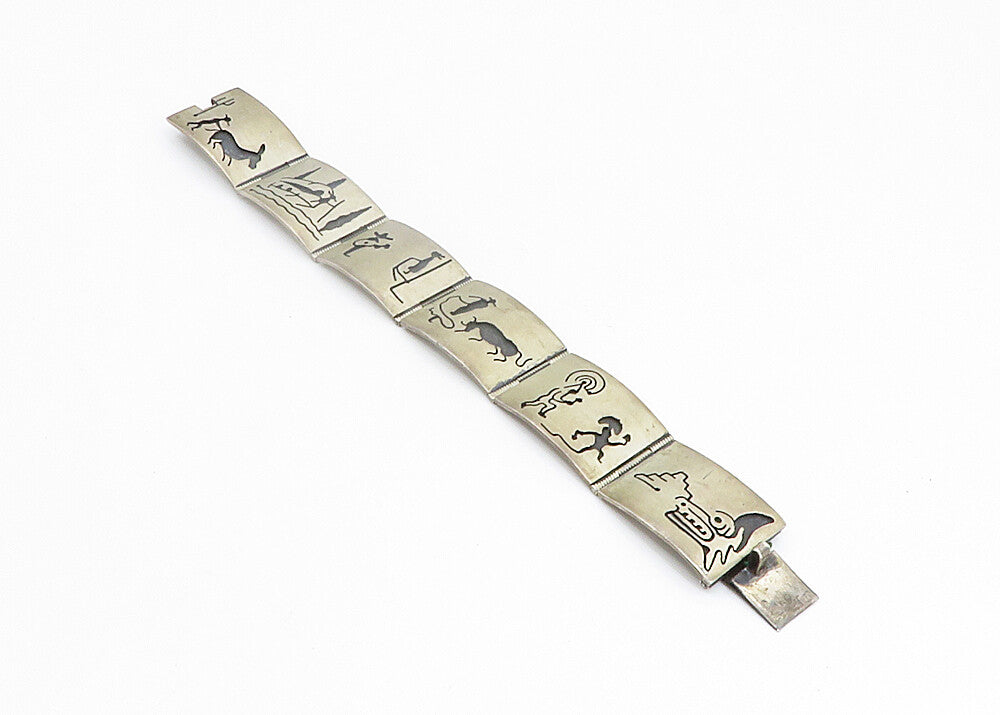 MEXICO 925 Silver  Vintage Oxidized Storyteller Panel Chain Bracelet  BT3475