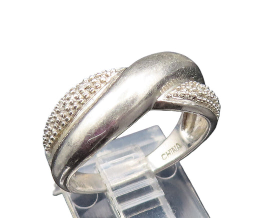 925 Sterling Silver  Vintage Genuine Diamonds Crisscross Ring Sz 7.5  RG25644