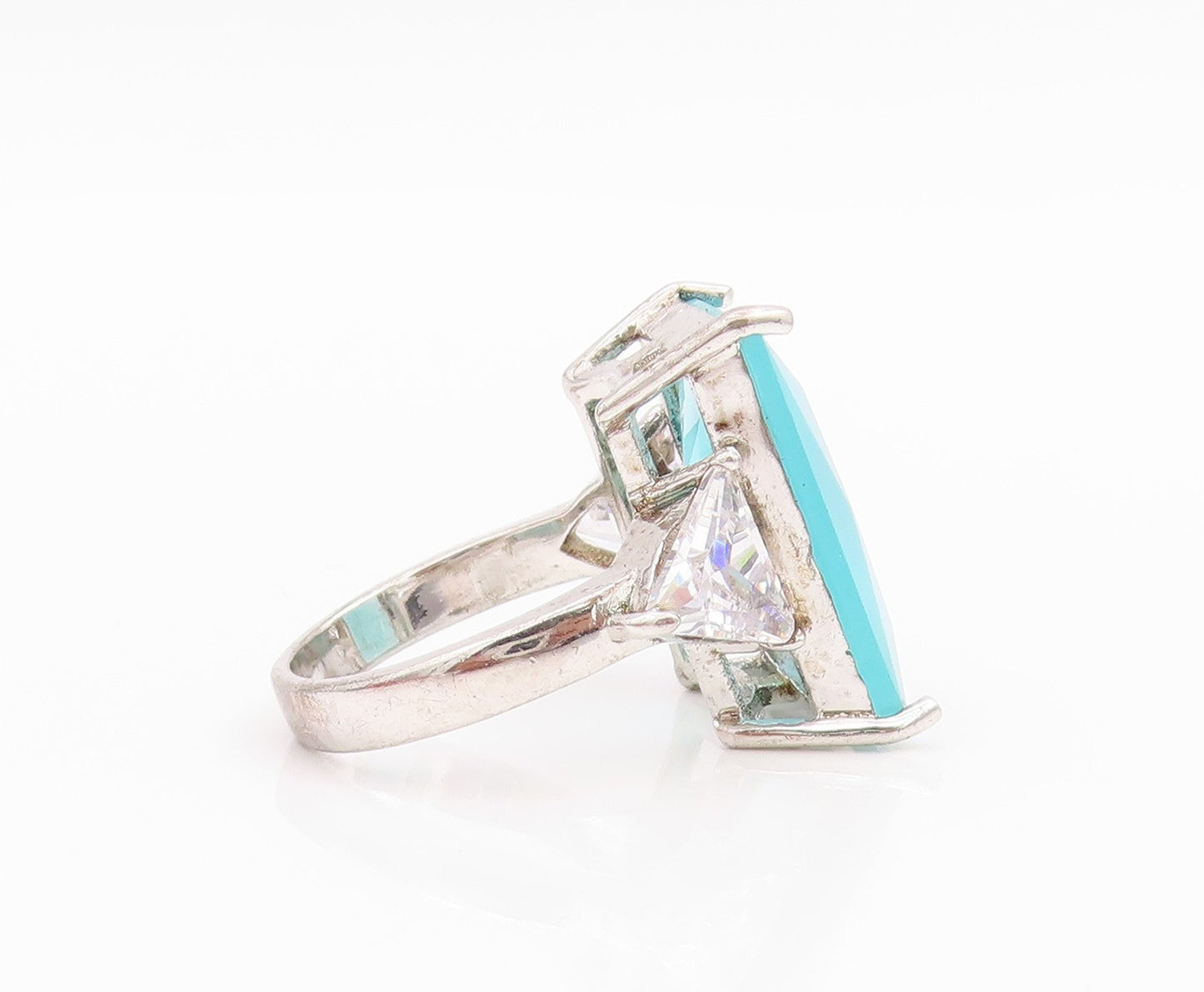 925 Sterling Silver Vintage Ring Rectangle Triangle Cut  2 Tone CZ Sz 6  RG33220