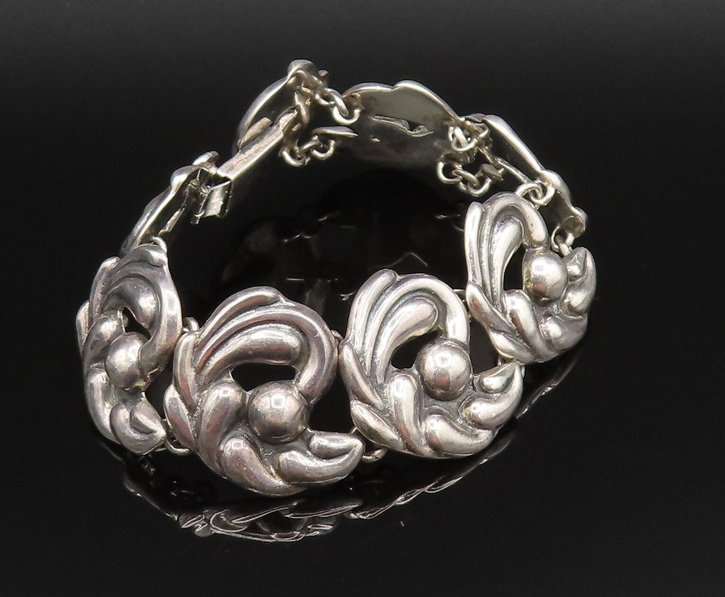 925 Sterling Silver Vintage Swirl Abstract With Bead Ball Link Bracelet BT9595