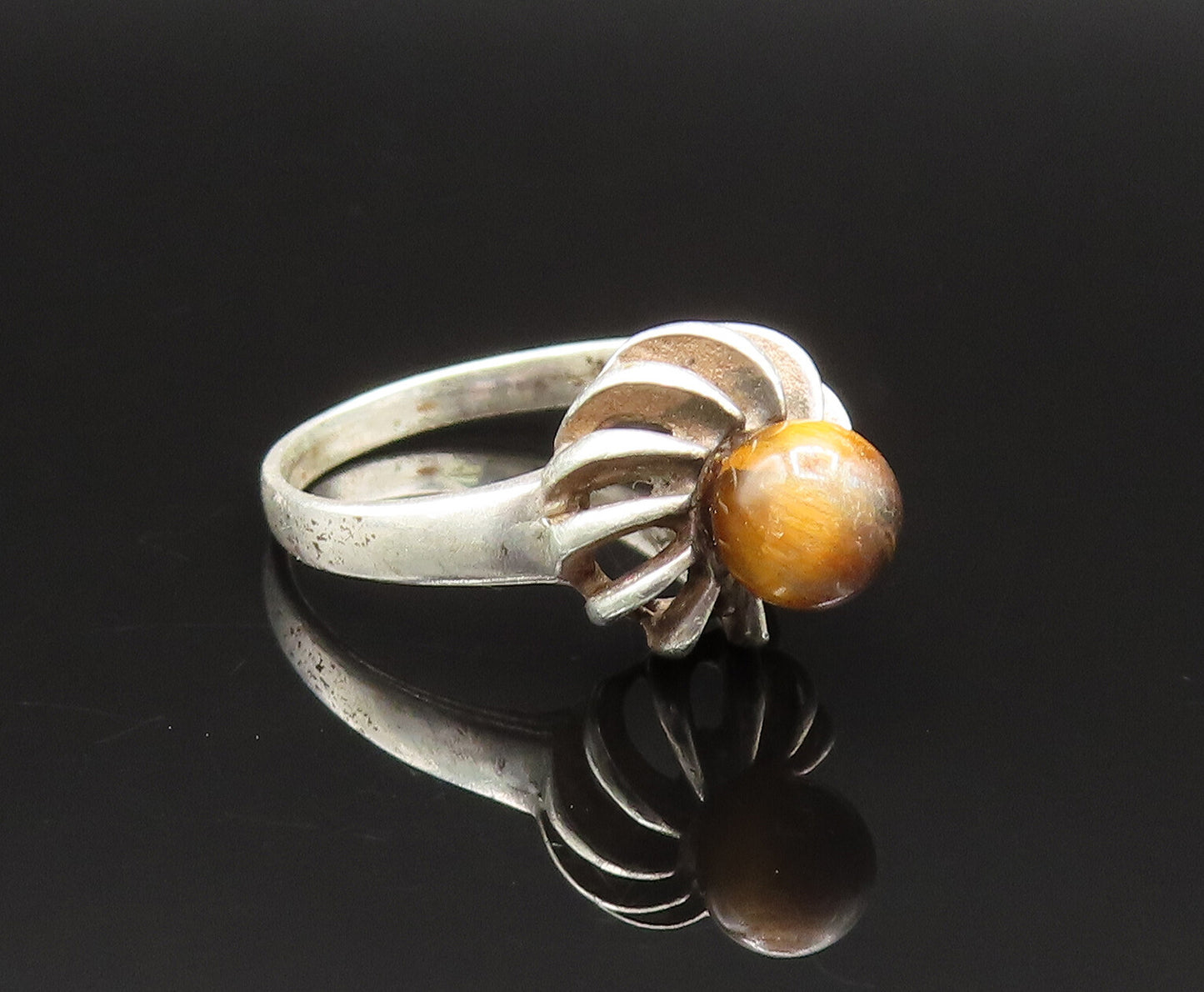 925 Sterling Silver  Vintage Floral Tiger's Eye Ring Sz 6.5  RG25485