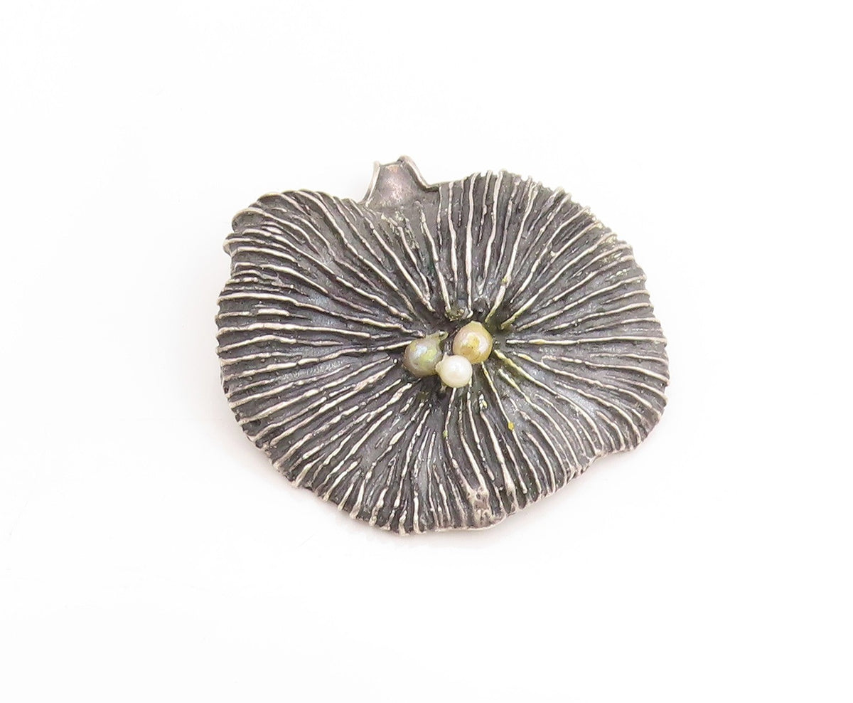 925 Sterling Silver Vintage Brooch ISRAEL Pearl Dark Tone Ribbed Leaf  BP11860