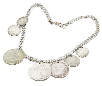 925 Sterling Silver  Vintage Different Countries Coins Chain Necklace  NE2943