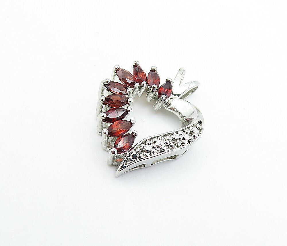925 Sterling Silver  Vintage Red Topaz & Genuine Diamond Heart Pendant  PT5039