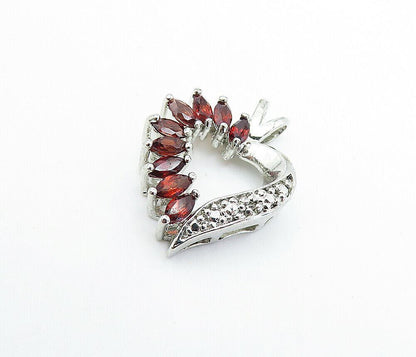 925 Sterling Silver  Vintage Red Topaz & Genuine Diamond Heart Pendant  PT5039