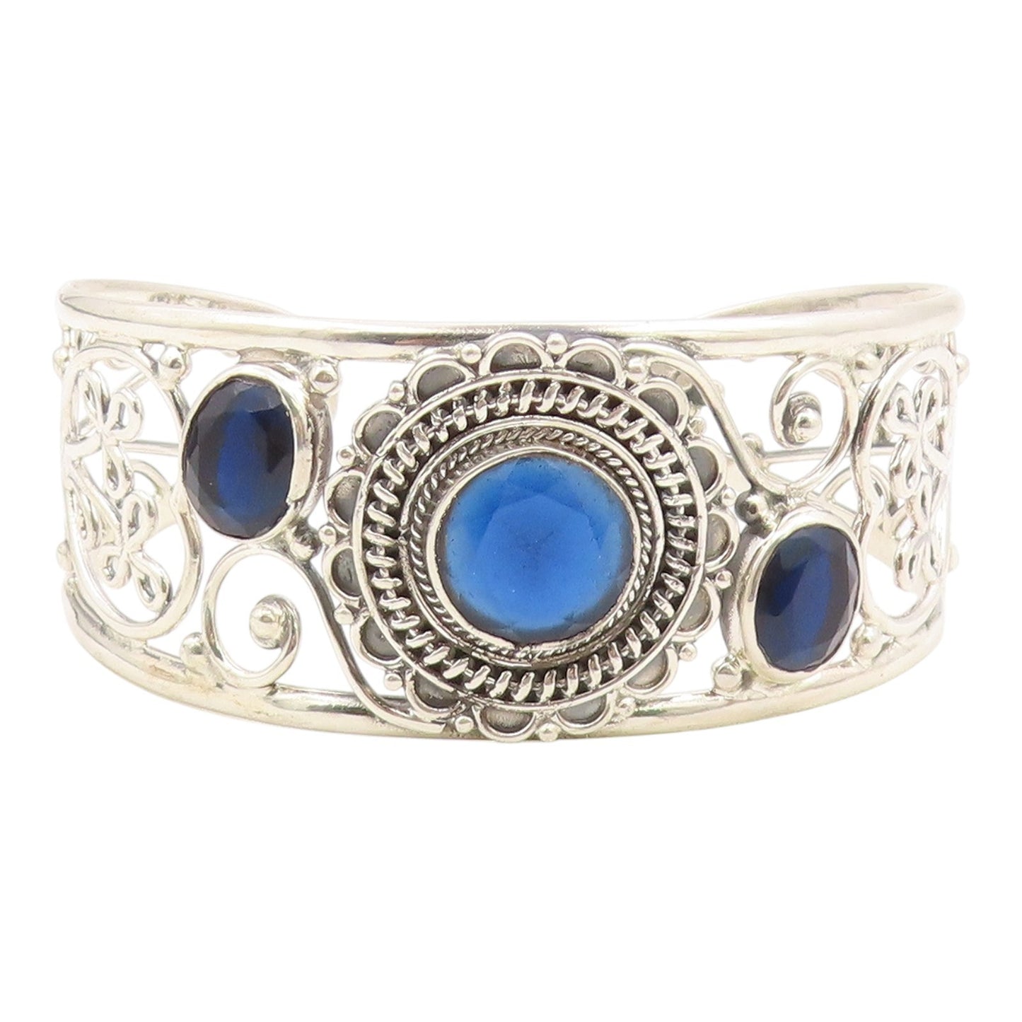 925 Sterling Silver   Vintage Blue Stone Floral Vine Cuff Bracelet  BT9088