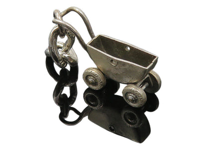 925 Sterling Silver  Vintage Petite Old Fashioned Baby Carriage Pendant PT8221