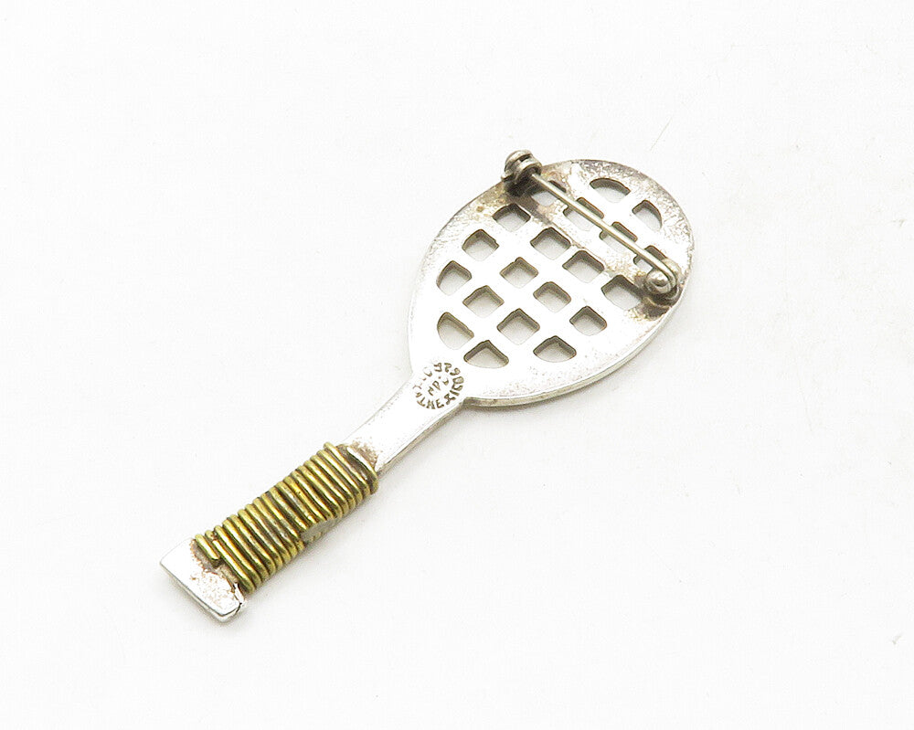 MEXICO 925 Sterling Silver  Vintage Two Tone Tennis Racket Brooch Pin  BP4727