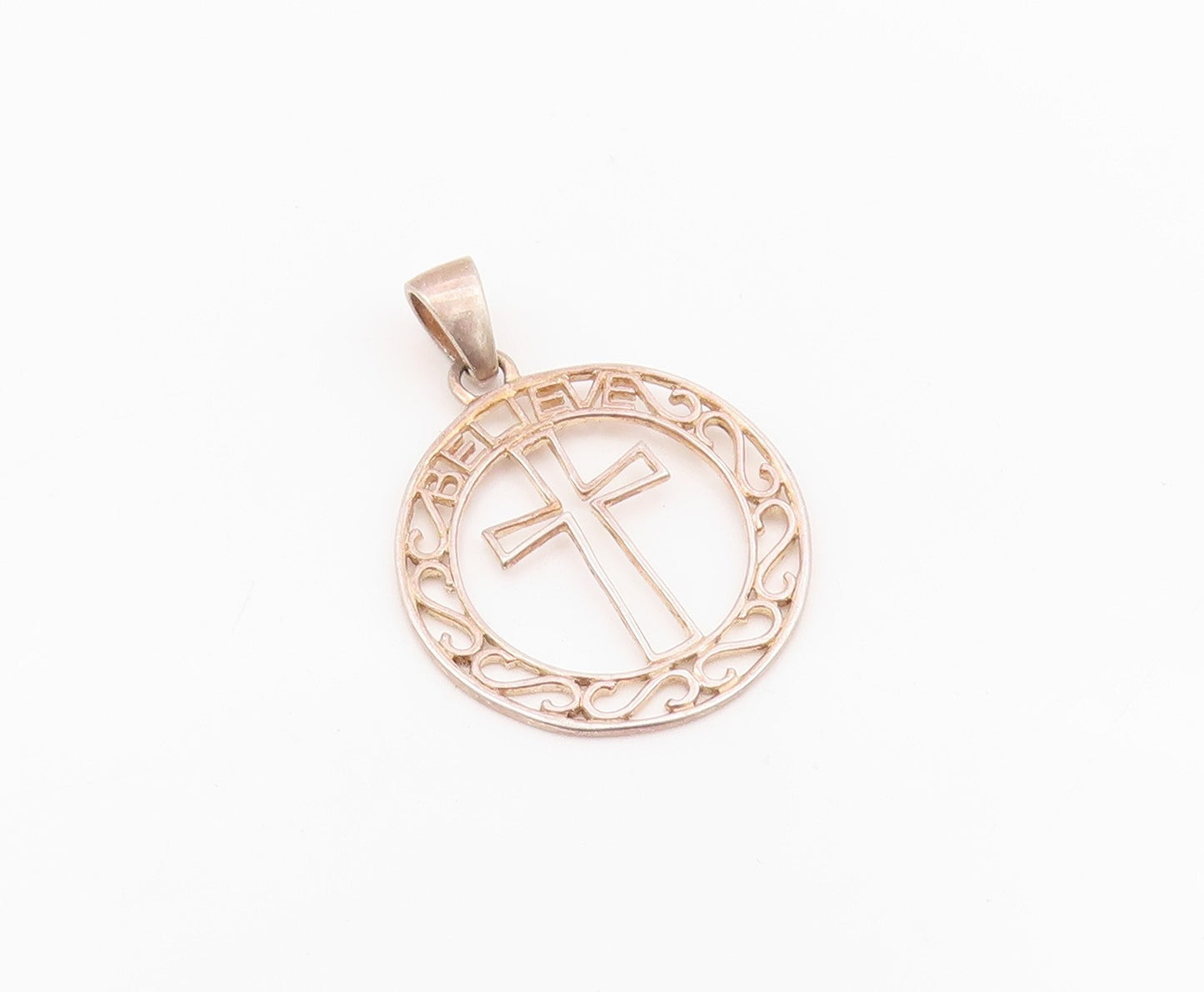 925 Sterling Silver Vintage Pendant Swirly Bordered Religious Cross  PT24282