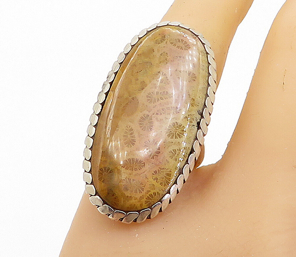 925 Sterling Silver Fossilized Coral Oval Cocktail Ring Sz 8.5  RG8005