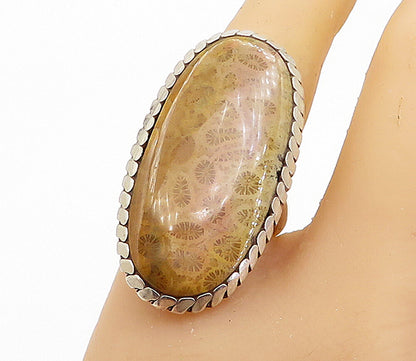 925 Sterling Silver Fossilized Coral Oval Cocktail Ring Sz 8.5  RG8005