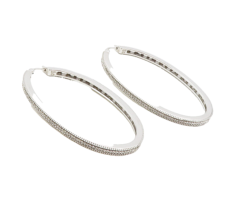 925 Sterling Silver  Shiny White Topaz Swirl Detail Oval Hoop Earrings  EG4667