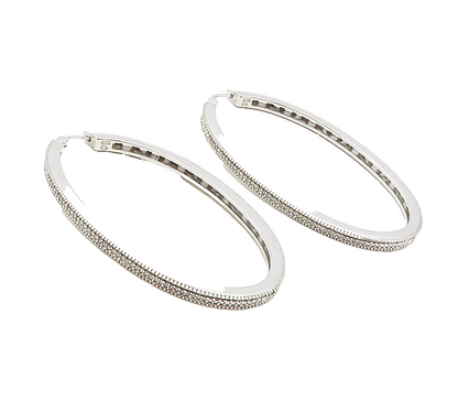 925 Sterling Silver  Shiny White Topaz Swirl Detail Oval Hoop Earrings  EG4667