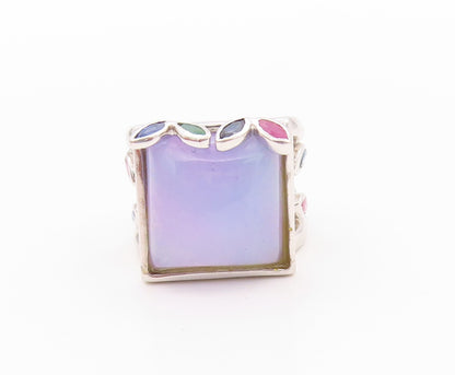 925 Sterling Silver Vintage Ring Gemstone Leaves Square Chalcedony Sz 6  RG32498