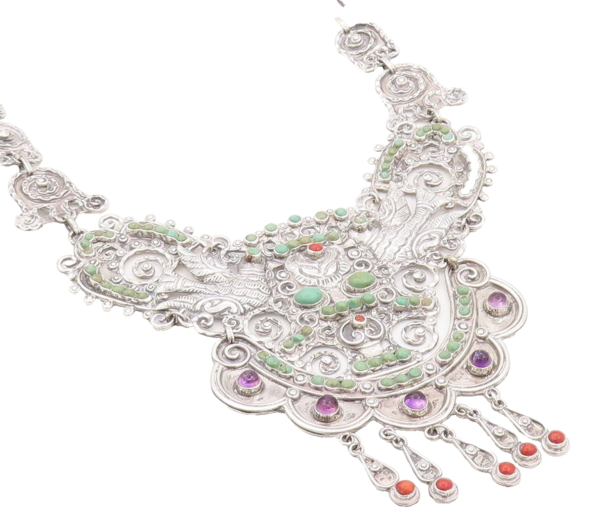 925 Sterling Silver Vintage Necklace MEXICO Real Multi Gemstones Royal  NE4487