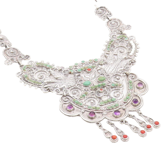 925 Sterling Silver Vintage Necklace MEXICO Real Multi Gemstones Royal  NE4487