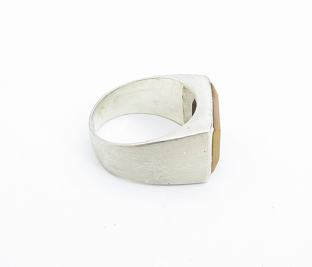 925 Sterling Silver Vintage Tiger's Eye Matte Square Band Ring Sz 8 RG7962