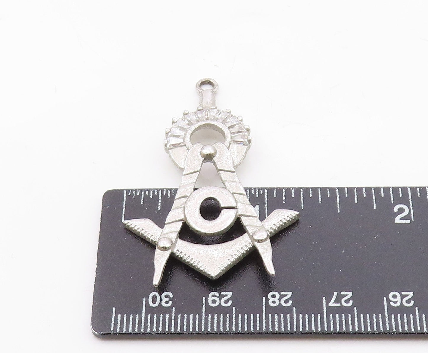 925 Silver  Vintage Cubic Zirconia Masonry Square & Compass Pendant  PT18346