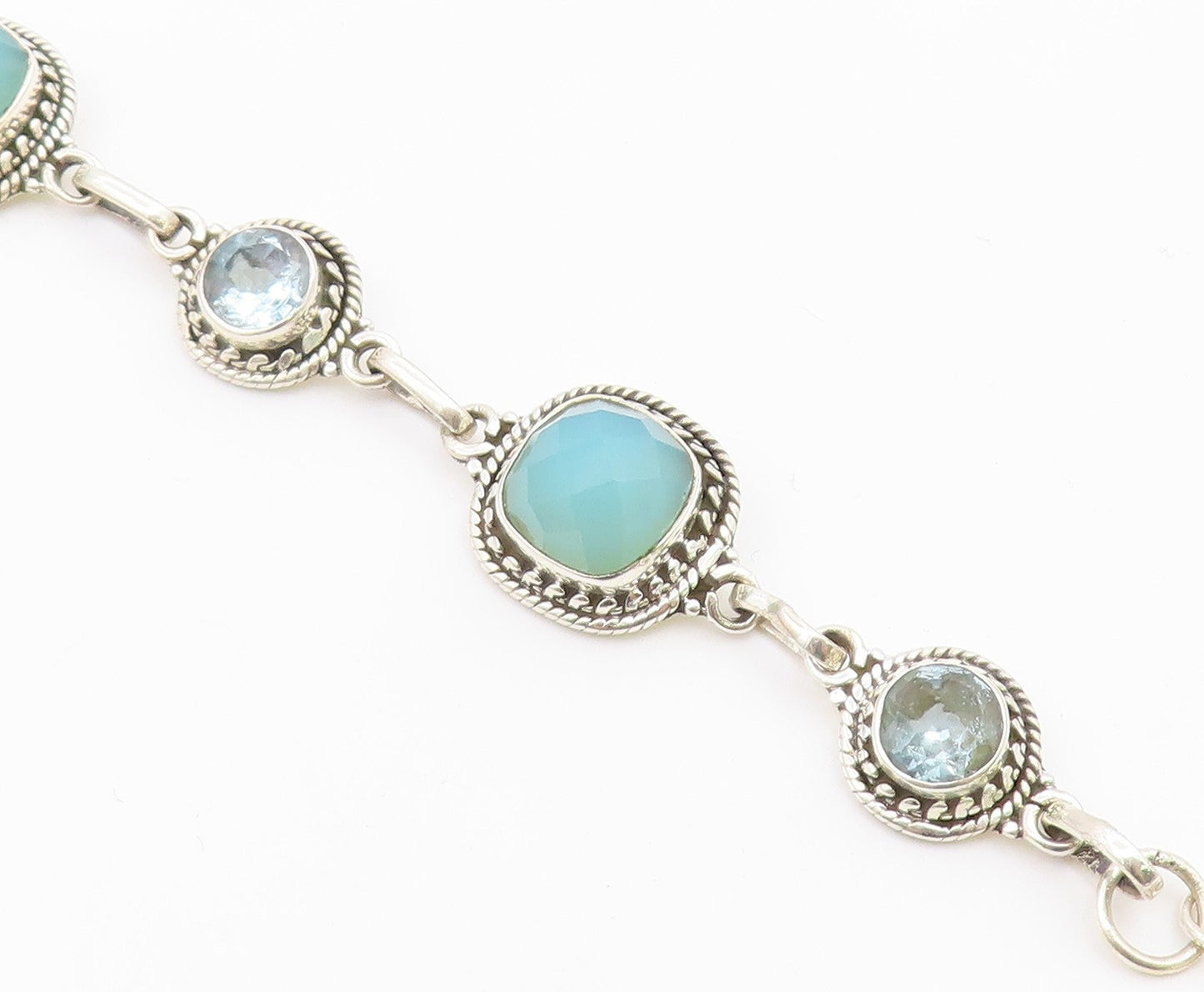 925 Sterling Silver  Aqua Chalcedony & Topaz Shiny Twist Chain Bracelet BT3635