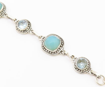925 Sterling Silver  Aqua Chalcedony & Topaz Shiny Twist Chain Bracelet BT3635