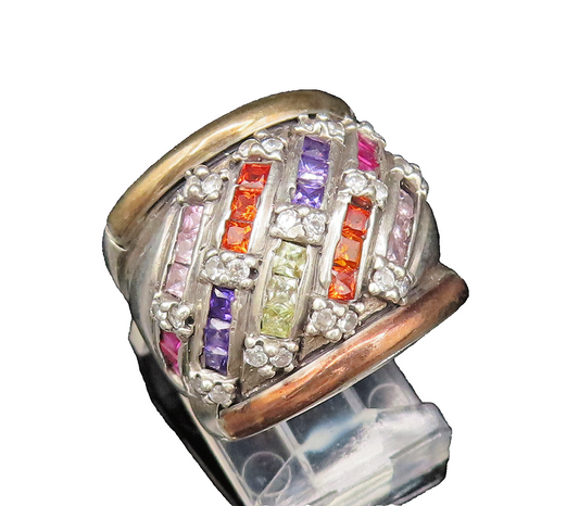18K GOLD & 925 Silver  Vintage Scattered Multi Color Topaz Ring Sz 6.5 RG25792