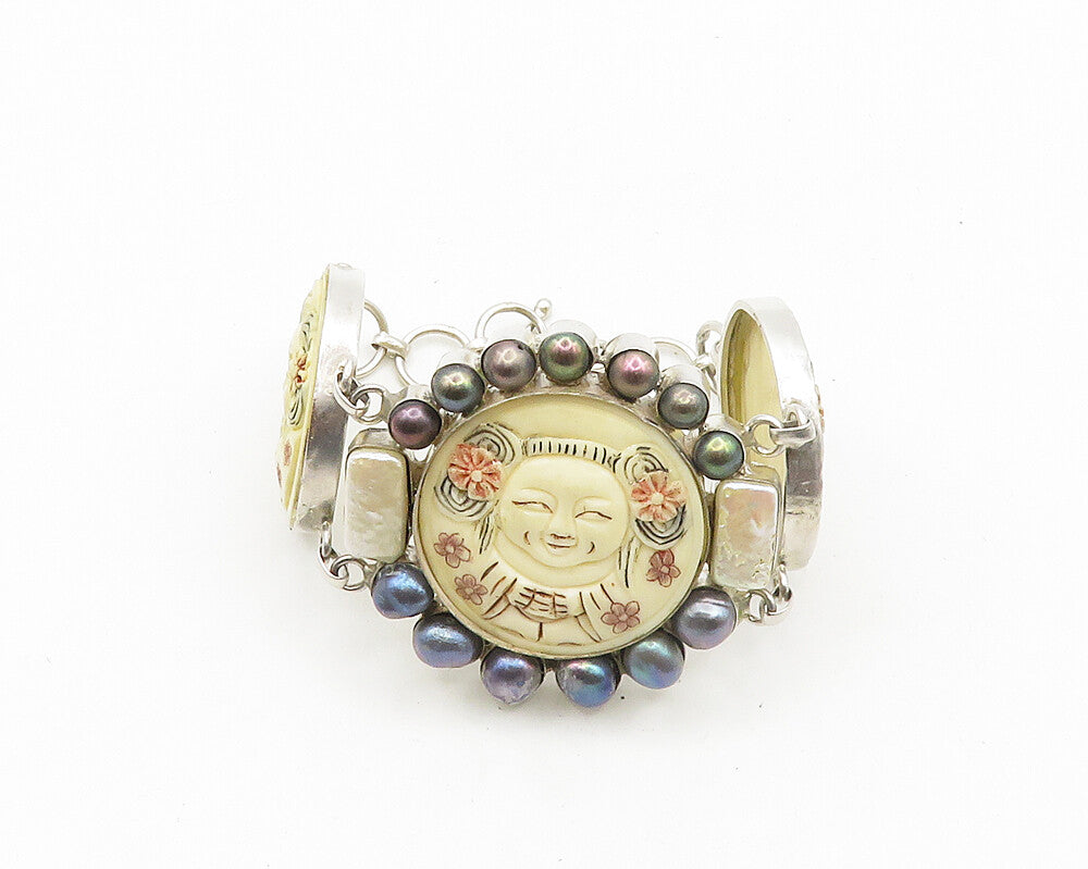 JAPANESE 925 Silver  Vintage Freshwater Pearls Carved Chain Bracelet  BT7508