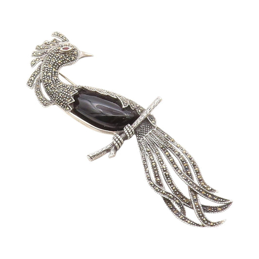925 Sterling Silver Vintage Brooch Onyx & Marcasite Cutout Peacock  BP11631