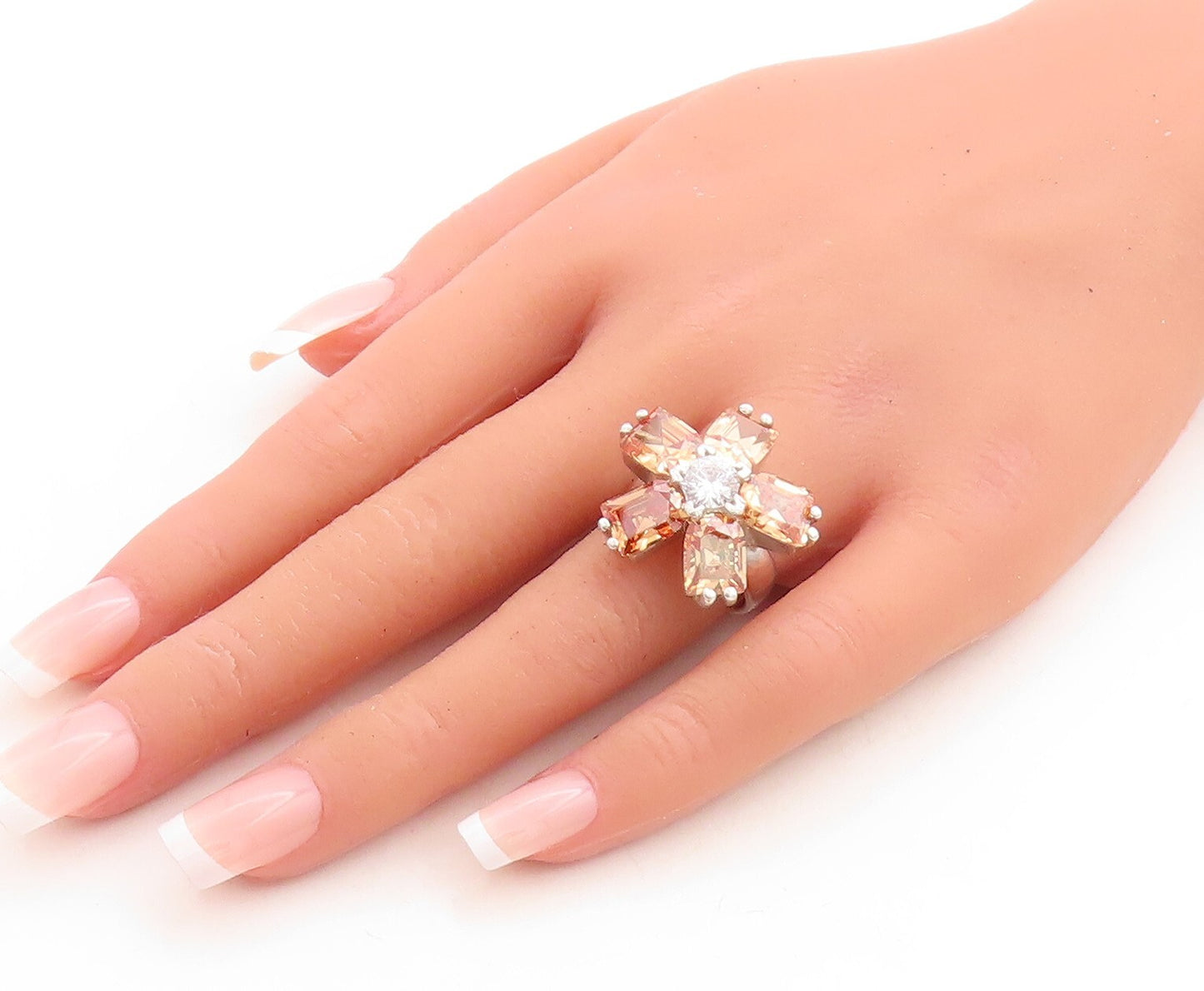 925 Sterling Silver Vintage Ring Designer Cut Citrine & CZ Flower  Sz 7  RG31535