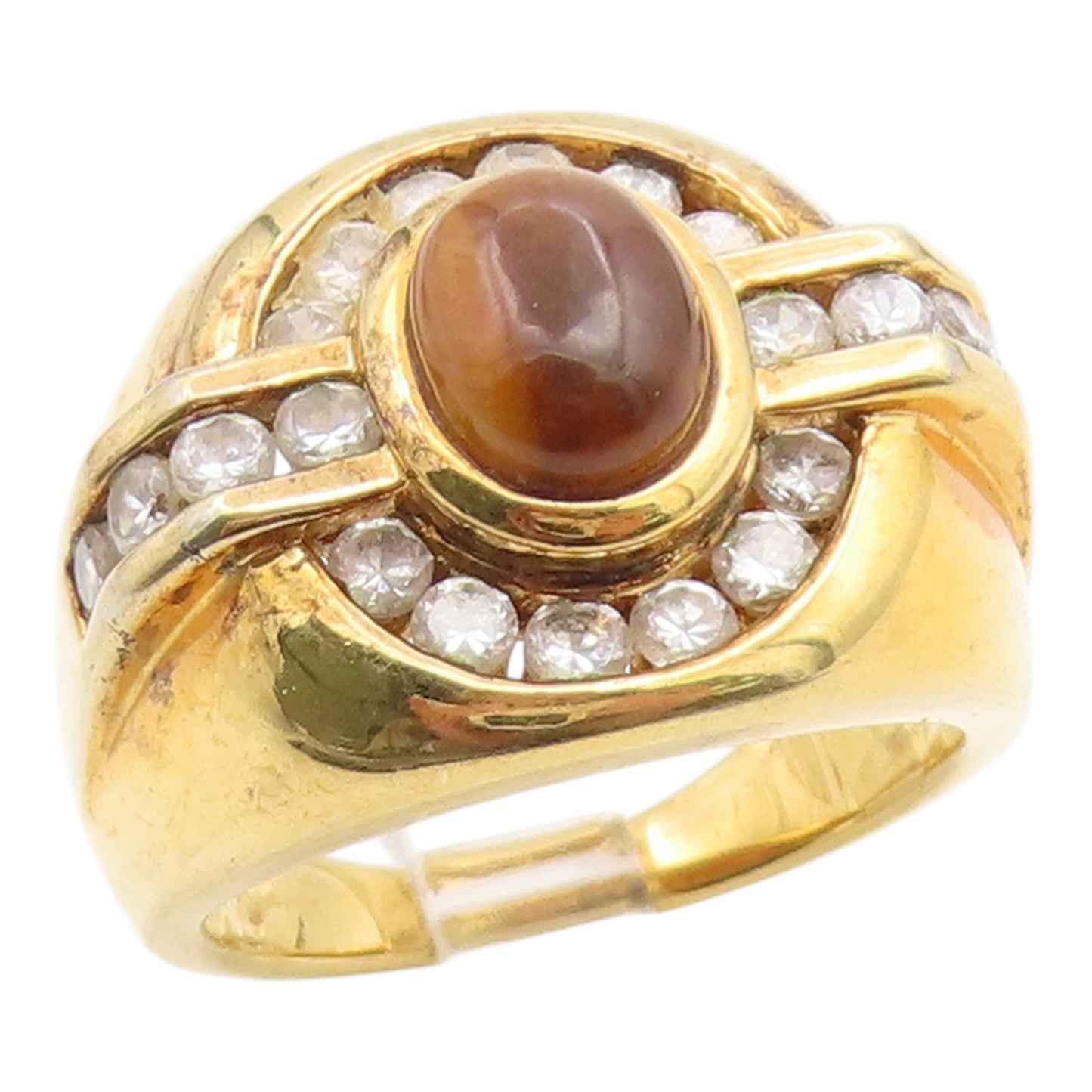 925 Sterling Silver Vintage Ring Gold Plated Tiger's Eye & CZ Band Sz 10 RG36127