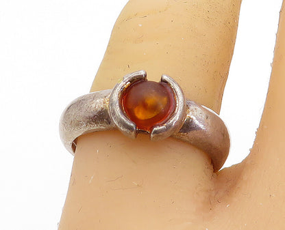 POLAND 925 Silver  Vintage Cabochon Cut Amber Solitaire Ring Sz 8  RG7038