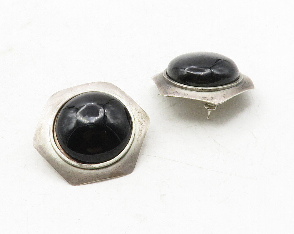 925 Sterling Silver  Vintage Cabochon Black Onyx Hexagon Drop Earrings  EG6347