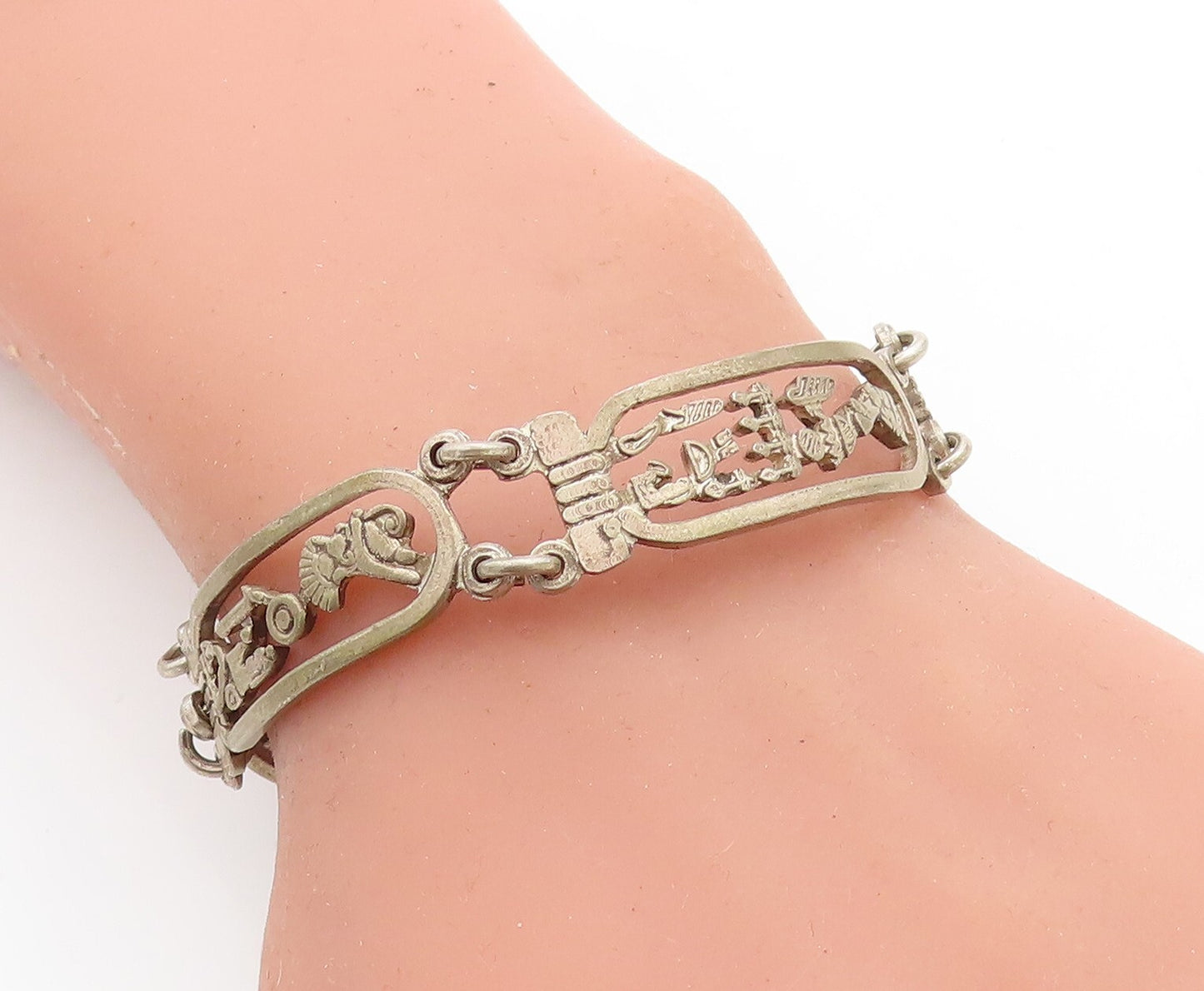 925 Silver Vintage Antique Hieroglyphics Cartouche Chain Bracelet BT2109