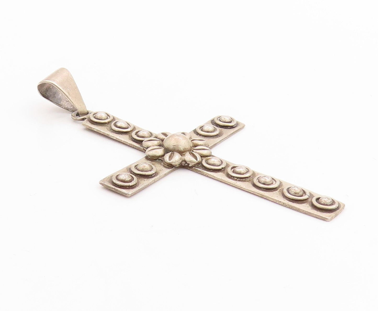 925 Sterling Silver Vintage Pendant MEXICO Solid Floral Carved Cross PT24613