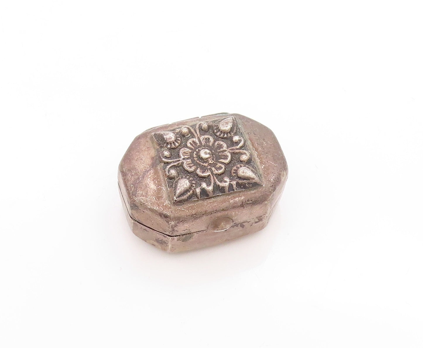 925 Sterling Silver Vintage Pill Box Floral Octagonal Trinket OPENS   TR4009